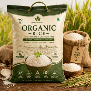 Premium Organic Rice 25kg Bag | Chemical Free Healthy Long Grain Rice Packaging Image